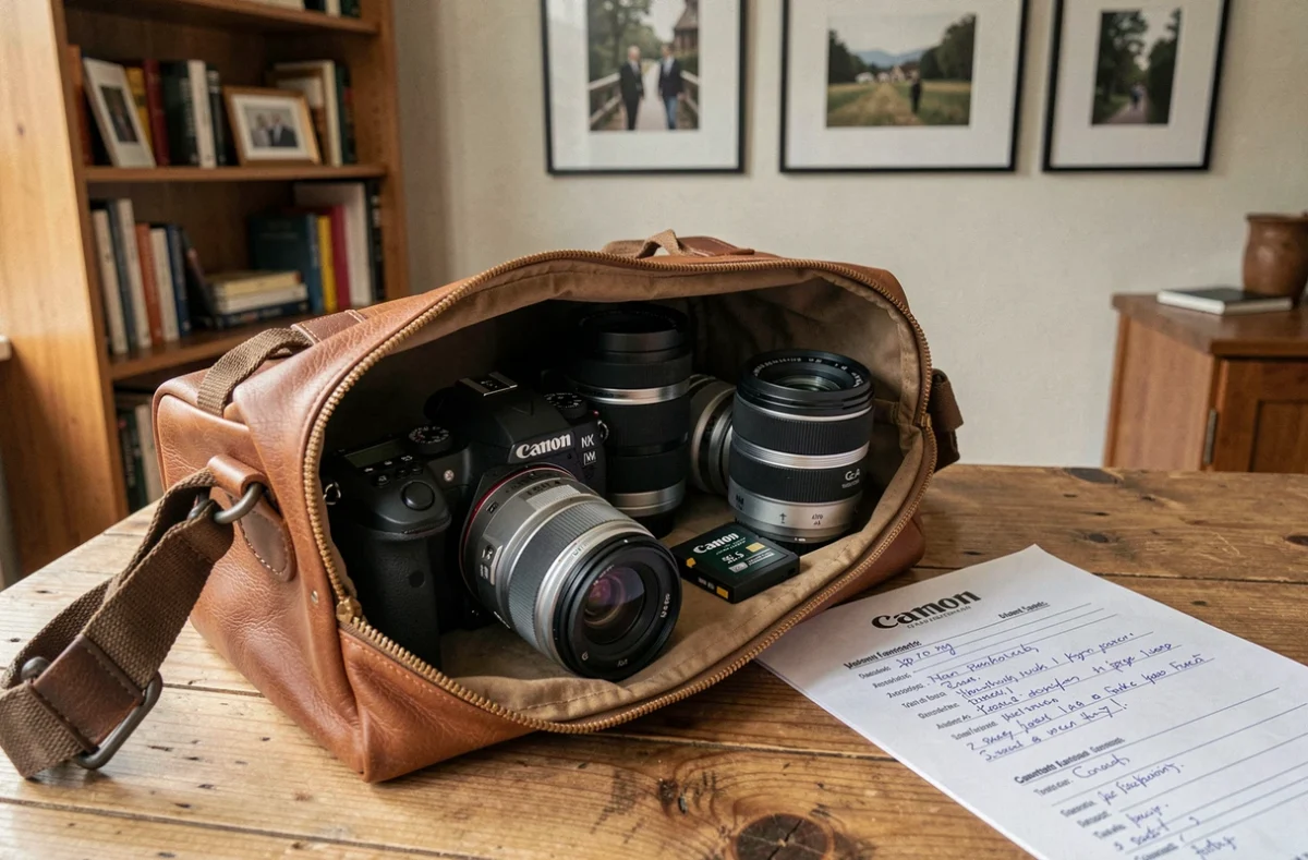 Équipement photo professionnel d'un photographe indépendant à Seclin posé sur un bureau en bois