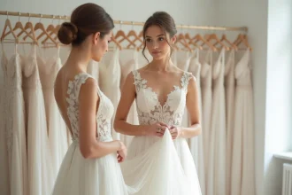 Mariée essayant une robe de mariée en dentelle ivoire dans une boutique élégante, vue de trois quarts