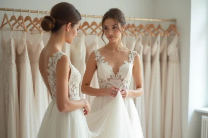 Mariée essayant une robe de mariée en dentelle ivoire dans une boutique élégante, vue de trois quarts