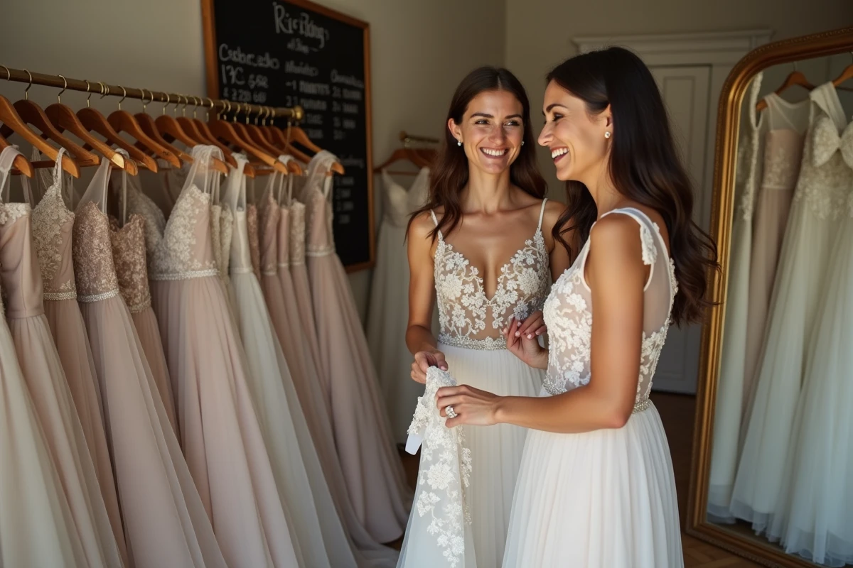 Deux femmes découvrant une robe de mariée d'occasion dans une boutique de vente de robes à prix réduit