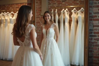 Jeune femme essayant une robe de mariée simple et élégante dans une petite boutique de mariage abordable