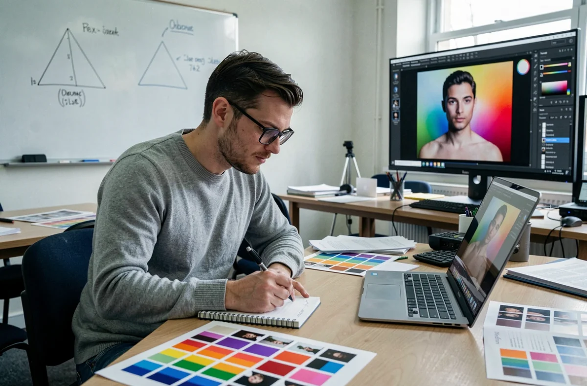 Étudiant en photographie prenant des notes dans une salle de cours avec matériel pédagogique et logiciel de retouche