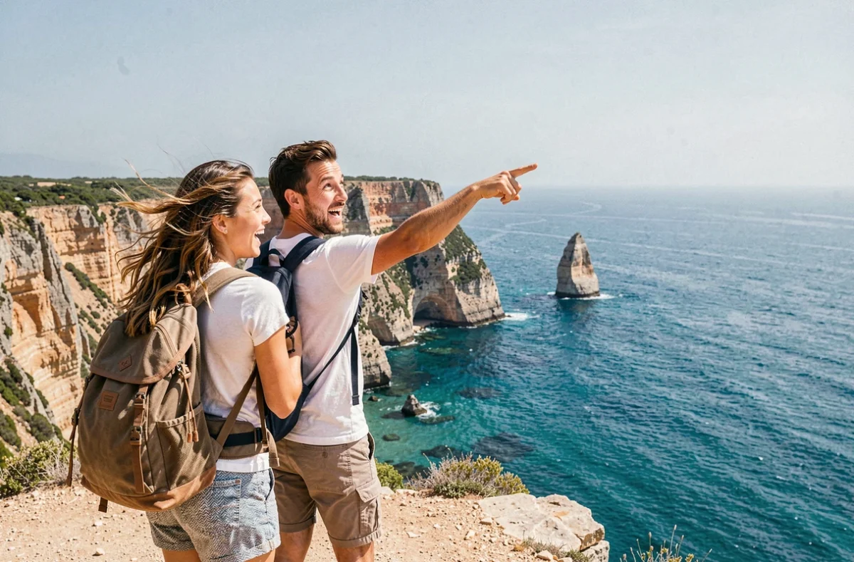 Couple avec sacs à dos découvrant une vue sur une falaise côtière spectaculaire lors d'une journée d'excursion surprise en août