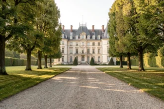 Façade d'un château français et son parc arboré le matin