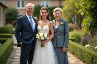 Jeune femme en robe de mariage avec ses parents dans un jardin
