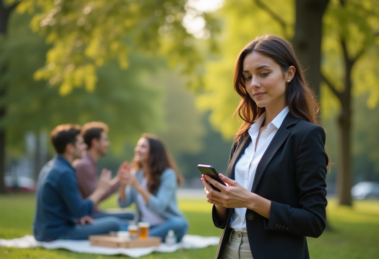 Jeune femme avec smartphone dans un parc urbain