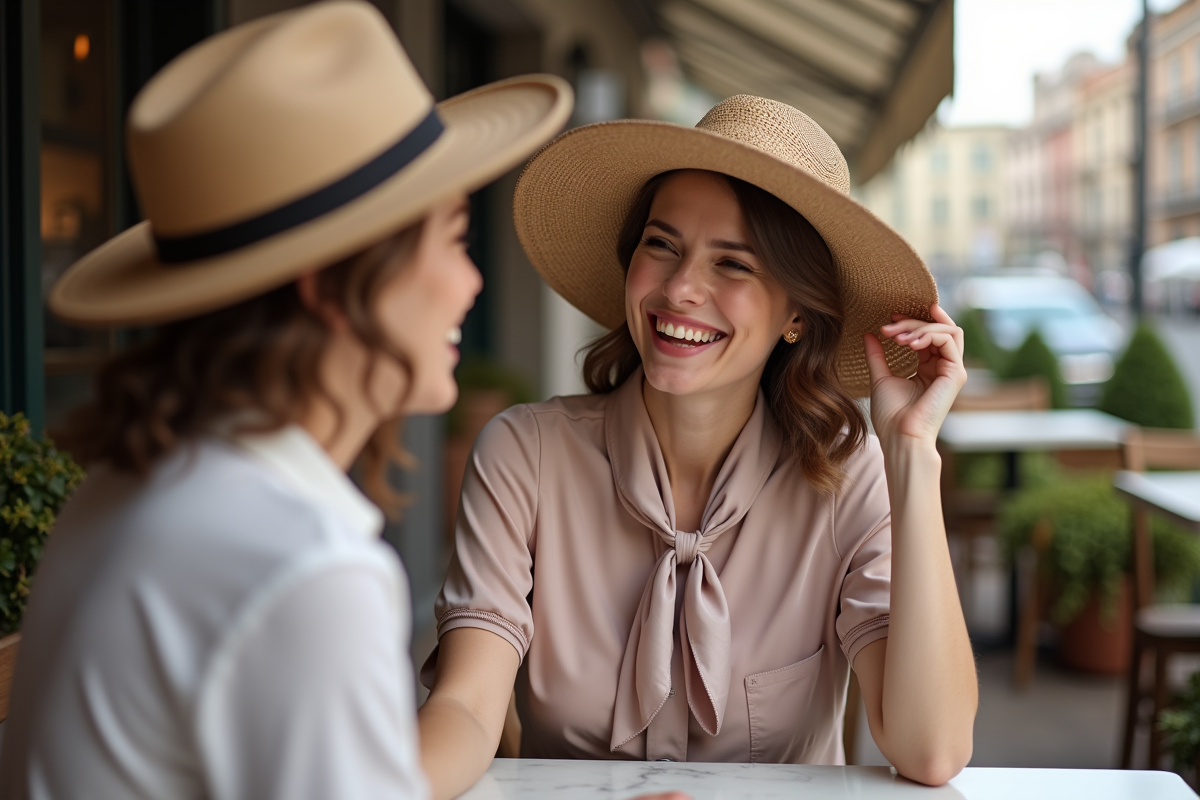 Jeune femme ajustant son chapeau dans un café urbain élégant