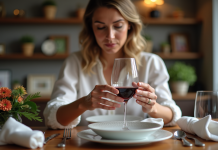 Femme élégante arrangeant des serviettes de vin rouge