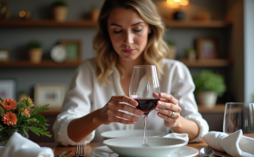 Verre à vin rouge en décoration de table : quelle est la meilleure place ? Femme élégante arrangeant des serviettes de vin rouge