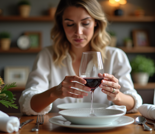 Verre à vin rouge en décoration de table : quelle est la meilleure place ? Femme élégante arrangeant des serviettes de vin rouge