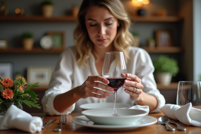 Femme élégante arrangeant des serviettes de vin rouge