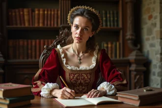 Femme élégante en tenue tudor écrivant une lettre dans un bureau ancien