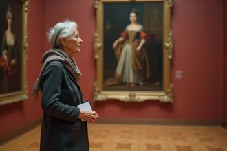 Femme agee regardant un portrait de Marie Theresa au musee