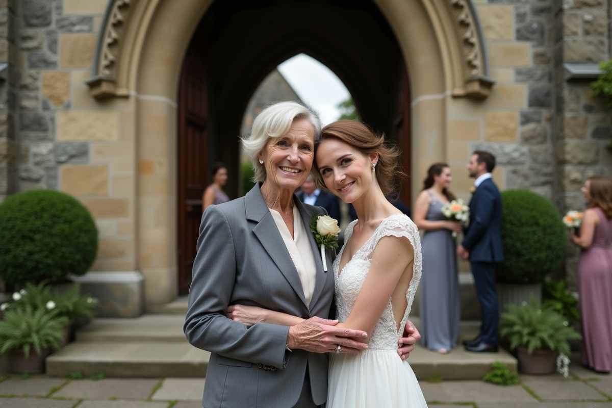 Une femme d’un certain âge embrasse la mariée devant l’église