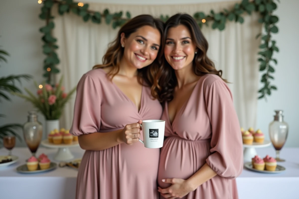 Femme enceinte tenant un gobelet personnalisé avec photo d'échographie lors d'une baby shower entre amies