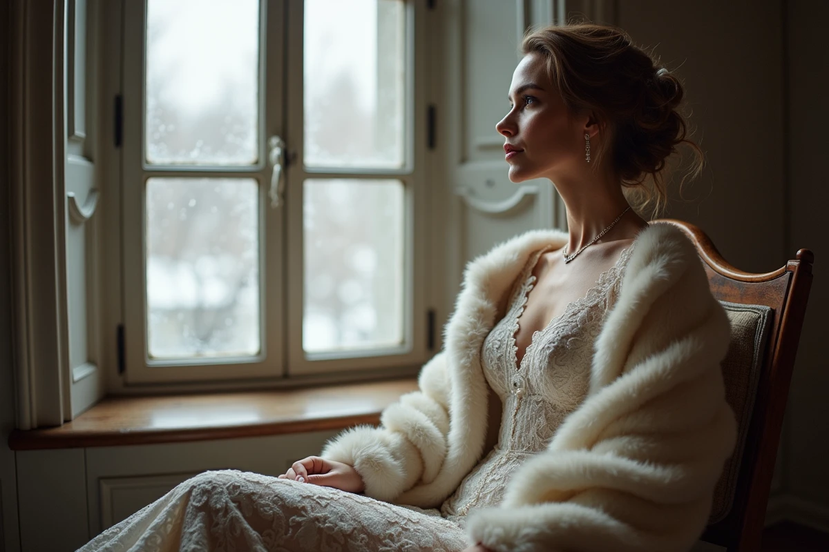 Femme en robe de dentelle et veste en fausse fourrure près d une fenêtre