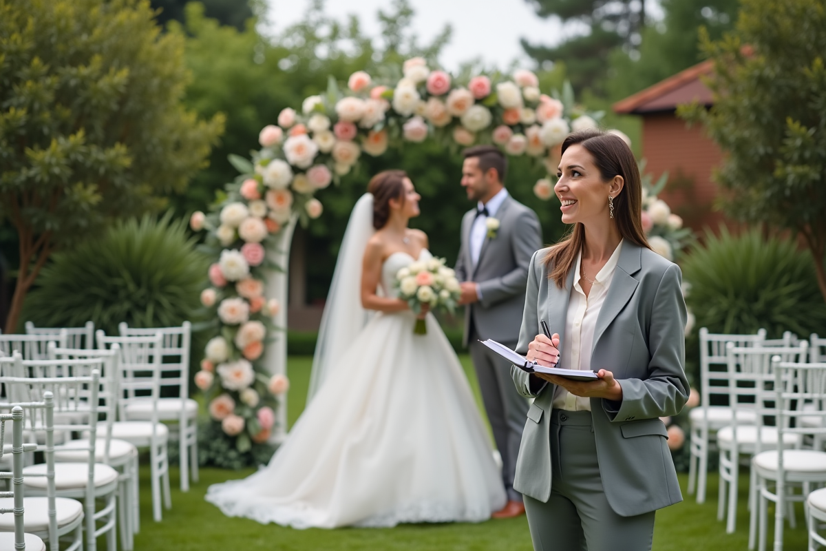 Femme wedding planner avec couple dans un jardin