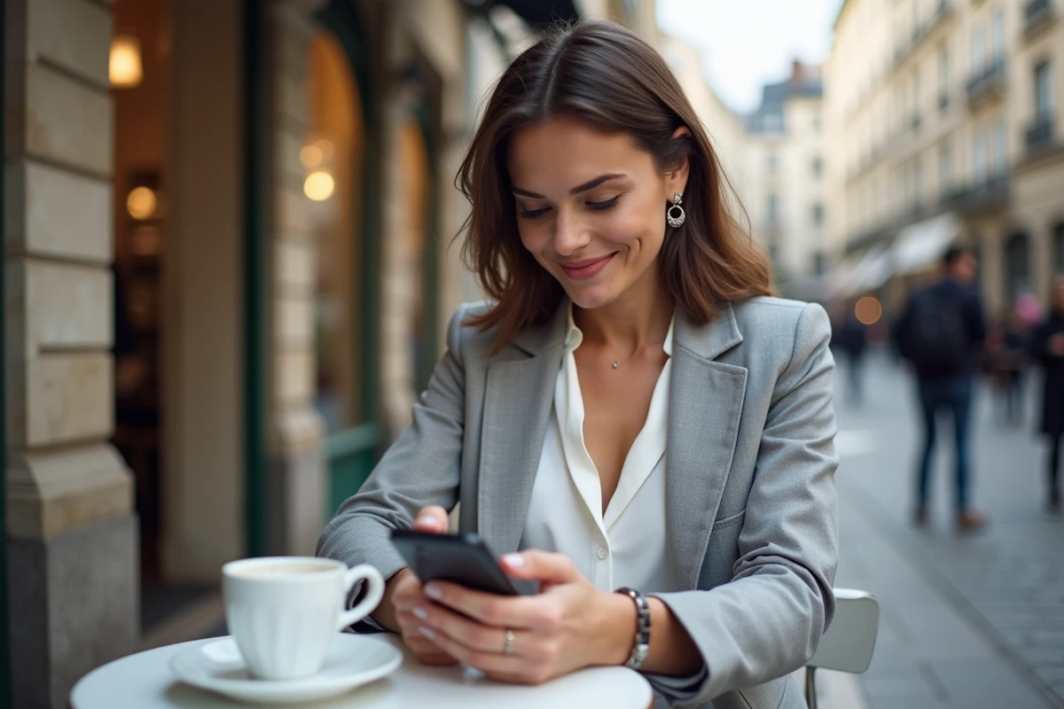 Femme au café parisien utilisant son téléphone