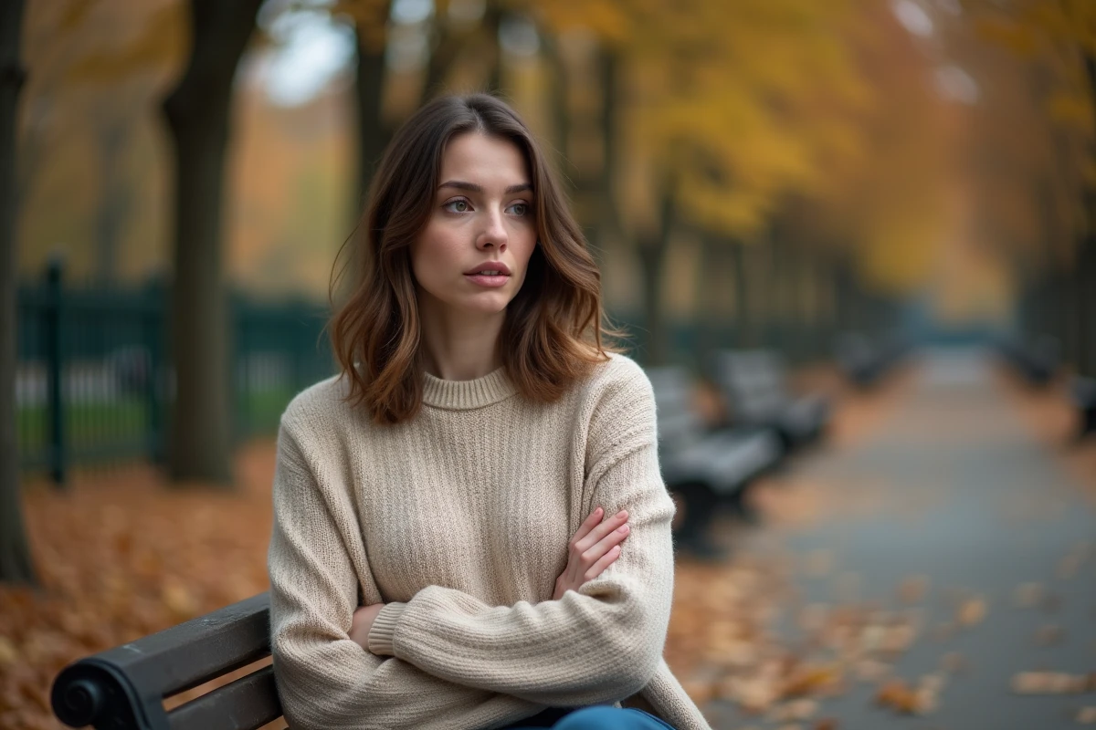 Femme pensive sur un banc de parc en automne, les bras croisés, exprimant une réflexion intérieure sur une relation émotionnellement compliquée