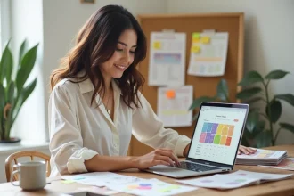 Jeune femme planifiant son mariage sur un tableau de bord numérique depuis son bureau à domicile, entourée de swatches de tissu et de listes imprimées