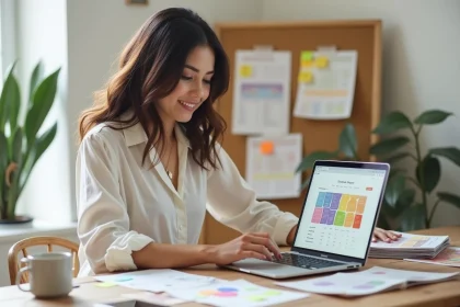 Jeune femme planifiant son mariage sur un tableau de bord numérique depuis son bureau à domicile, entourée de swatches de tissu et de listes imprimées