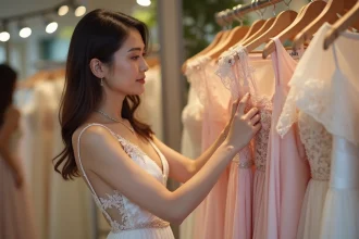 Femme examine une robe de mariage pastel en boutique