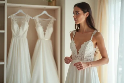 Femme en robe de mariée ivoire dans une boutique de mariage, touchant le tissu avec une expression réfléchie