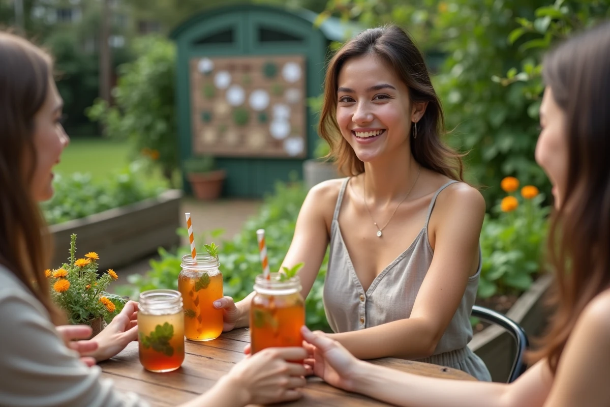 Femme souriante offrant des bocaux en verre dans un jardin communautaire