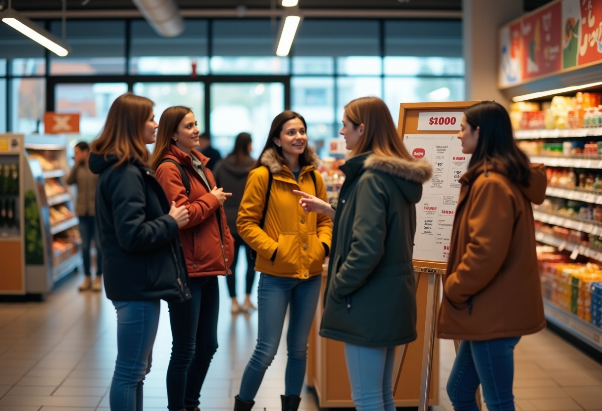 Groupe de femmes discutant devant un stand dans un supermarché