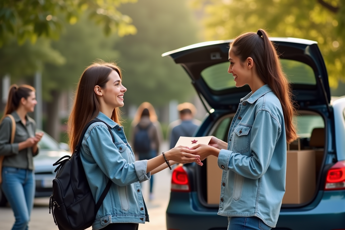 Deux femmes échangeant une enveloppe près d