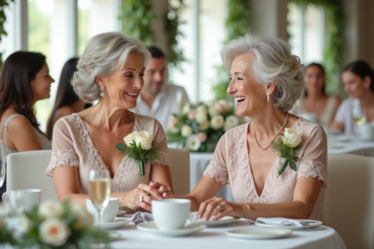 Deux femmes élégantes échangent des corsages floraux lors d’un mariage