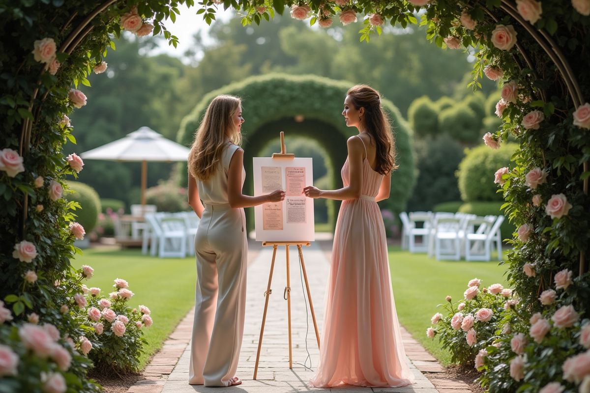 Deux femmes préparant un mood board dans un jardin