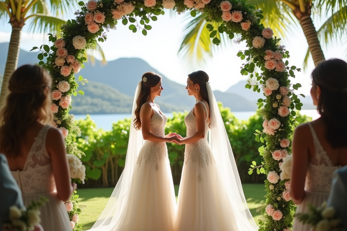 Deux mariées échangeant leurs vœux dans un jardin tropical