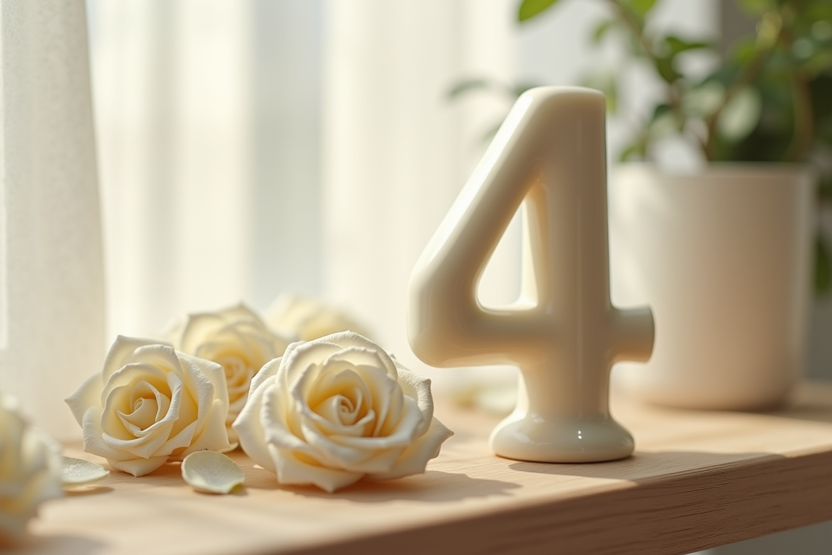 Figurines en cire en forme de 4 avec roses blanches et lumière douce