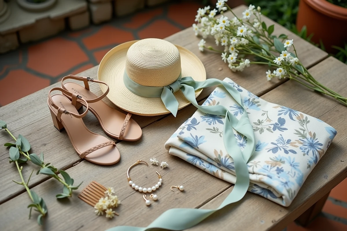 Flat-lay d'accessoires pour robe champêtre incluant sandales nude, chapeau en paille, boucles d'oreilles perles, bracelet doré et robe fleurie sur une table en bois patiné