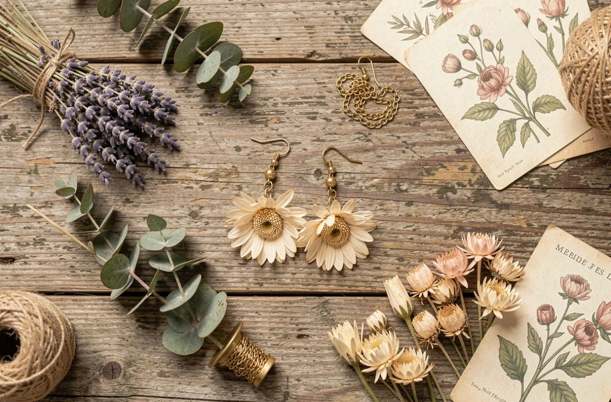 Flat lay de boucles d'oreilles mariage en fleurs séchées avec matériaux naturels sur bois rustique