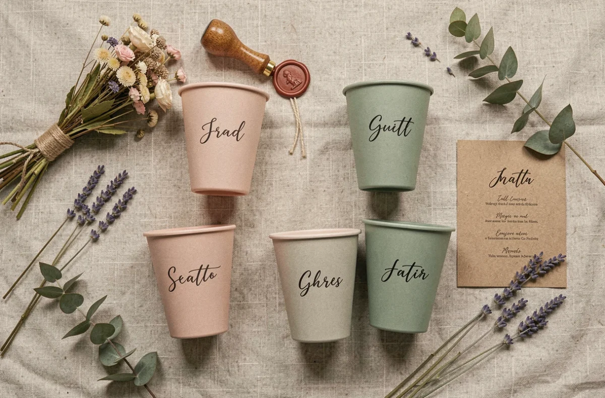 Flat lay de six eco cups personnalisés pour mariage bohème chic avec calligraphie sur nappe en lin entourés d'éléments décoratifs naturels