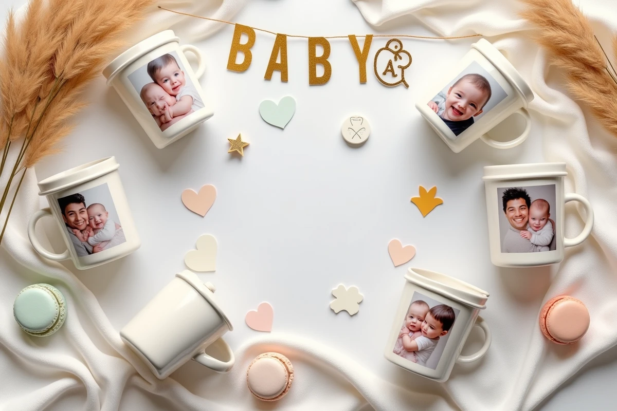 Vue de dessus d'une collection de gobelets personnalisés avec photos de famille disposés en flat lay pour une baby shower