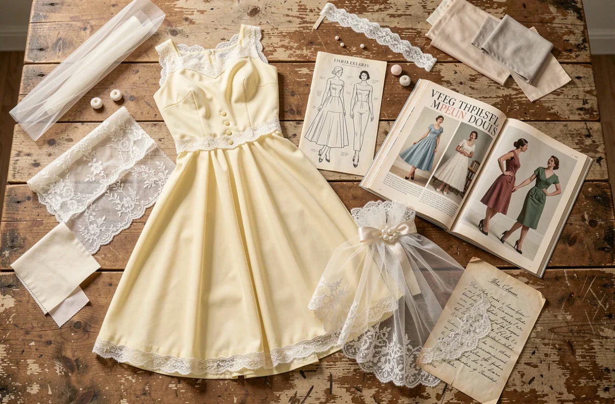 Flat lay montrant les étapes et accessoires nécessaires pour transformer une robe vintage années 50 60 en robe de mariée