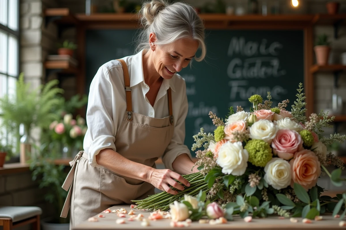 Fleuriste expérimentée créant un arrangement floral mariage