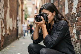 Jeune femme photographe professionnelle en formation, accroupie dans une ruelle urbaine avec un appareil photo reflex numérique