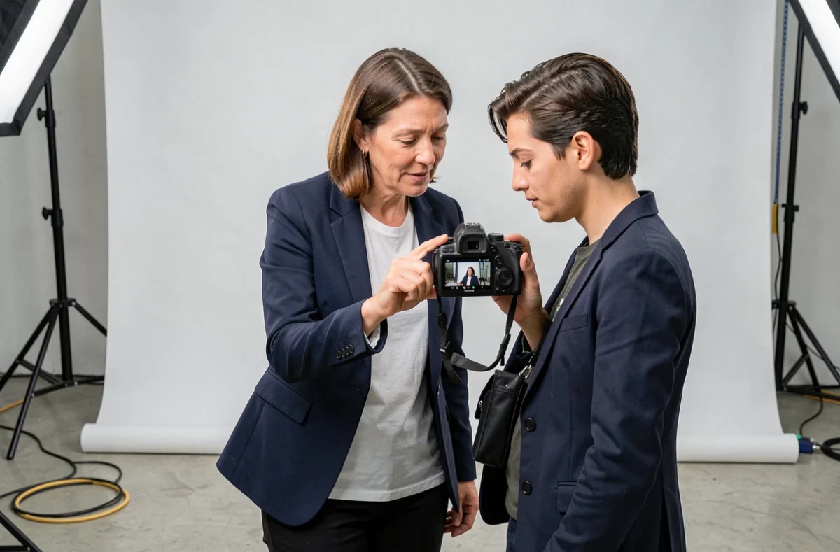 Formatrice en photographie guidant un élève dans un studio professionnel, examinant ensemble une photo sur l'écran d'un appareil