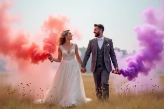 Mariés tenant des fumigènes colorés roses et violets dans une prairie lors d'une séance photo de mariage