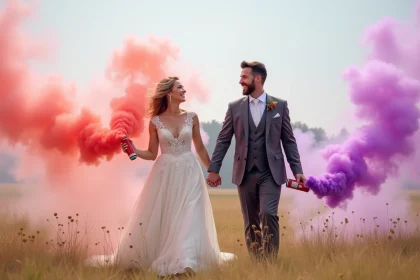 Mariés tenant des fumigènes colorés roses et violets dans une prairie lors d'une séance photo de mariage