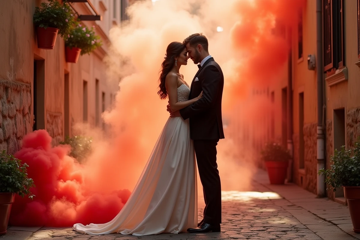 Couple de mariés entouré de fumée rouge et orange dans une ruelle en pierre pour une photo de mariage artistique