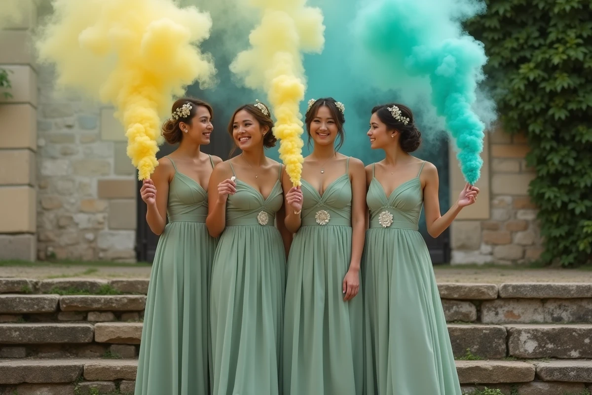 Demoiselles d'honneur avec fumigènes jaunes et turquoise sur les marches d'un château lors d'un mariage