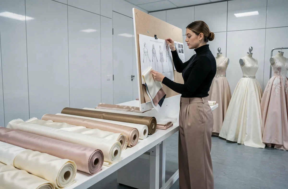 Créatrice de mode dans l'atelier contemporain Futura Couture à Toulouse étudiant des esquisses de robes de mariée sur mesure