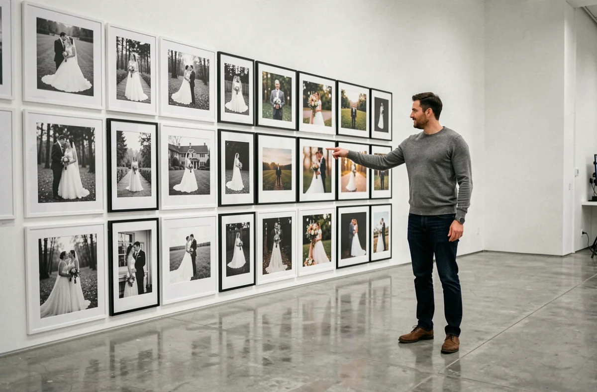 Mur de galerie de photographies de mariage encadrées dans un studio professionnel, présenté par un photographe à un client potentiel
