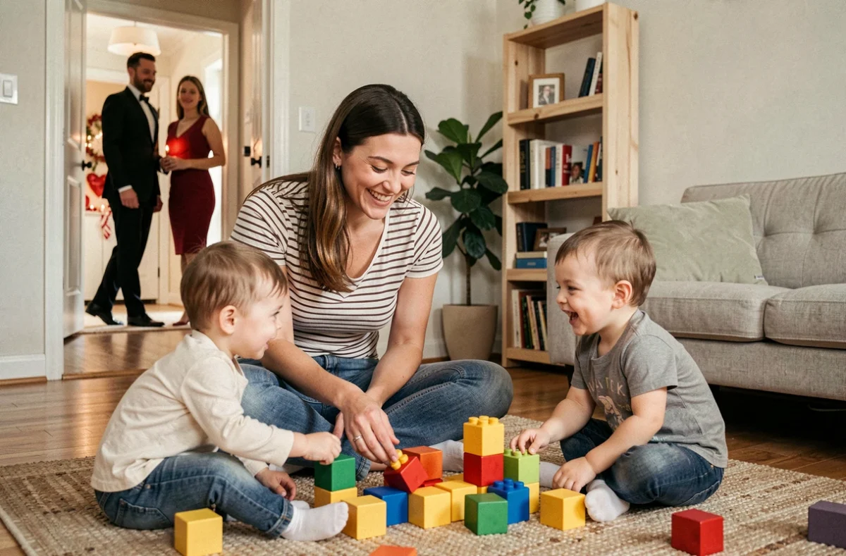 Babysitter souriante jouant avec des jeunes enfants sur un tapis de salon, tandis que les parents se préparent à sortir pour la Saint-Valentin en arrière-plan