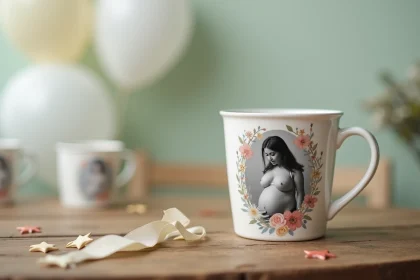 Gobelet personnalisé avec photo imprimée posé sur une table en bois lors d'une baby shower, entouré de décorations pastels